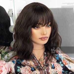 Brunette Medium Brown Wavy Wig with Bangs | Mila